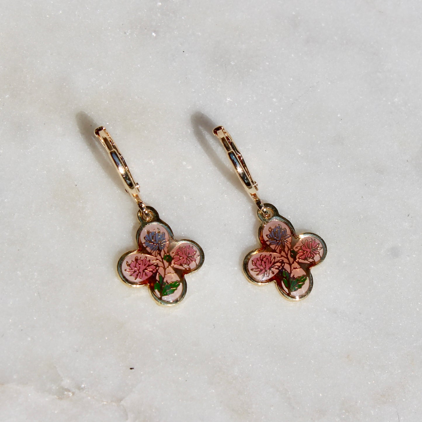 Vintage Floral Enamel Clover Hoop Earrings