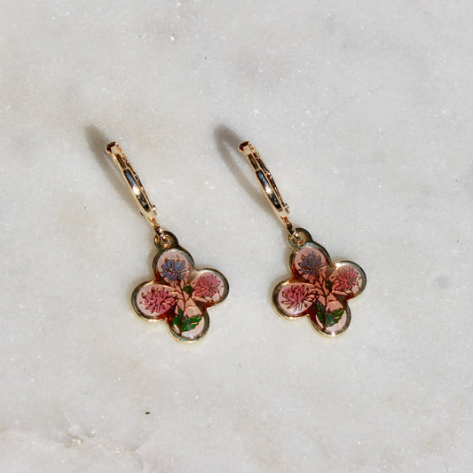 Vintage Floral Enamel Clover Hoop Earrings