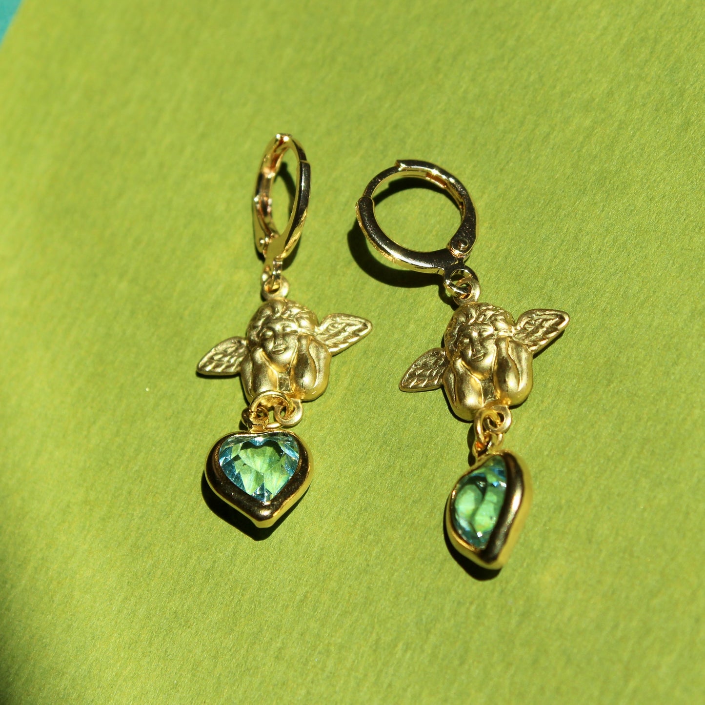 Vintage Angel and Blue Heart Drop Earrings