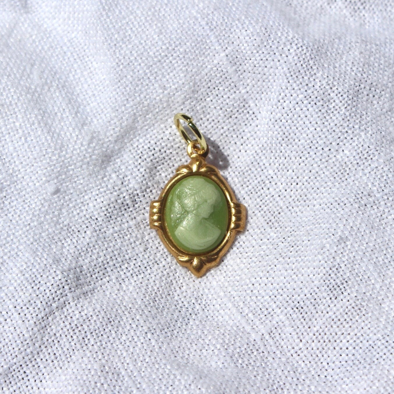 Vintage Green Cameo Charm - Vintage Brass Cameo Charm with Jumpring