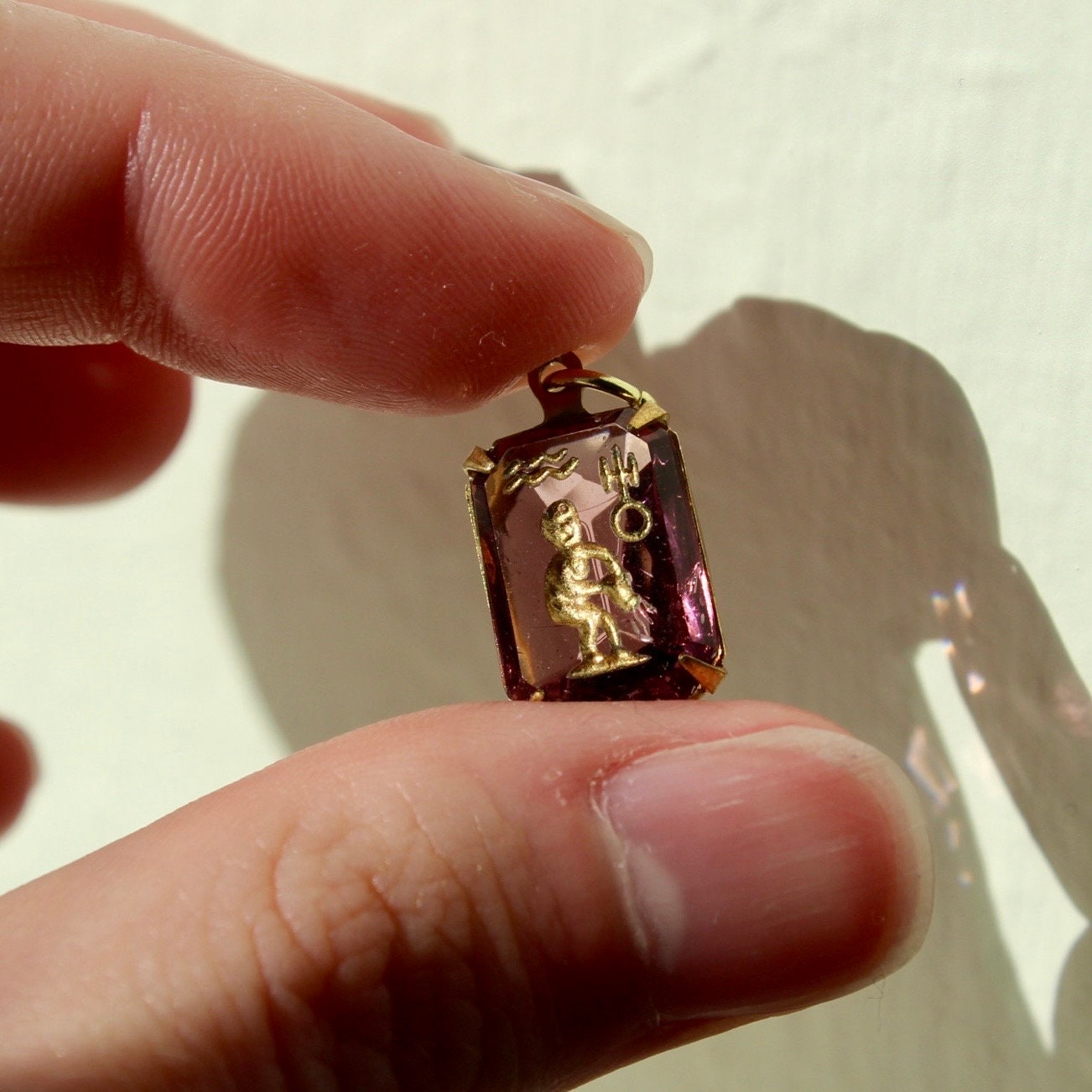 Vintage Aquarius Zodiac Charm - Vintage German Intaglio Zodiac Charm - Astrology Aquarius Zodiac Pendant