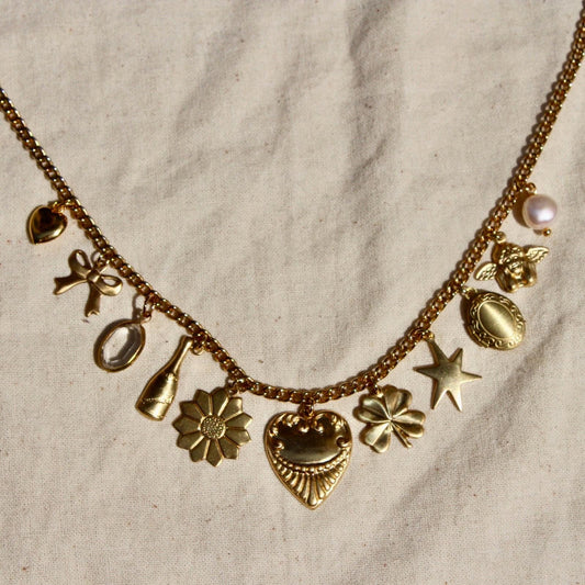 Vintage Dainty Charm Necklace - Dainty Necklace with Brass Heart, Locket, Hand Painted Charm, and Acrylic Charms