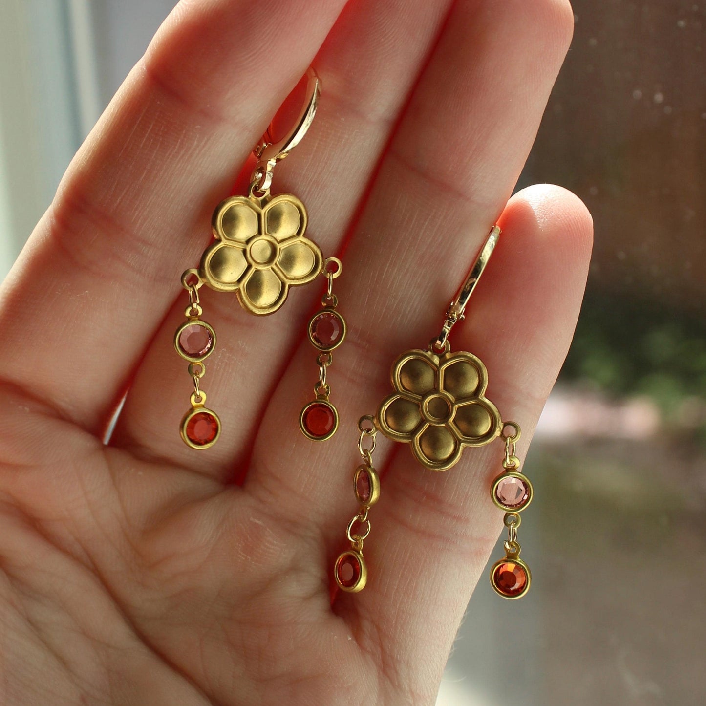 Vintage Flower Dangle Charm Earrings - Flower Earrings with Orange and Pink Crystal Drops - Vintage Dangle Earrings