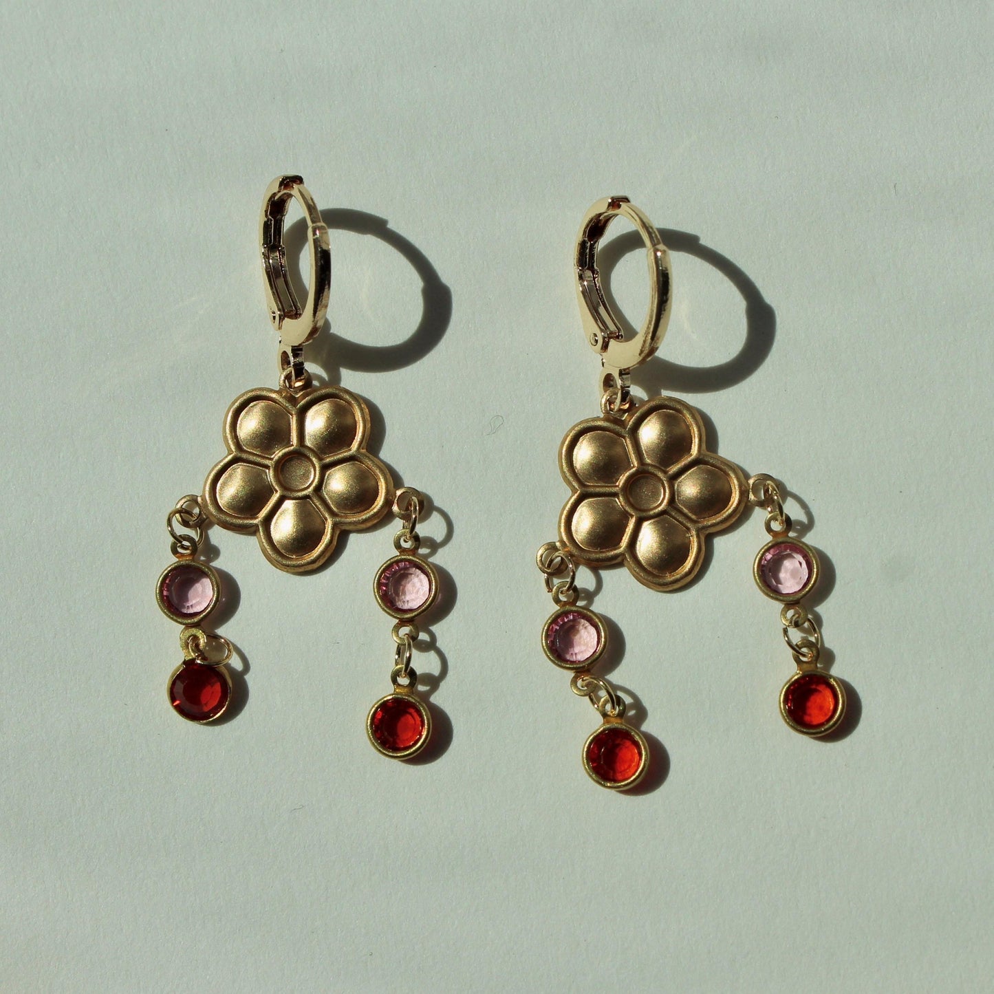 Vintage Flower Dangle Charm Earrings - Flower Earrings with Orange and Pink Crystal Drops - Vintage Dangle Earrings