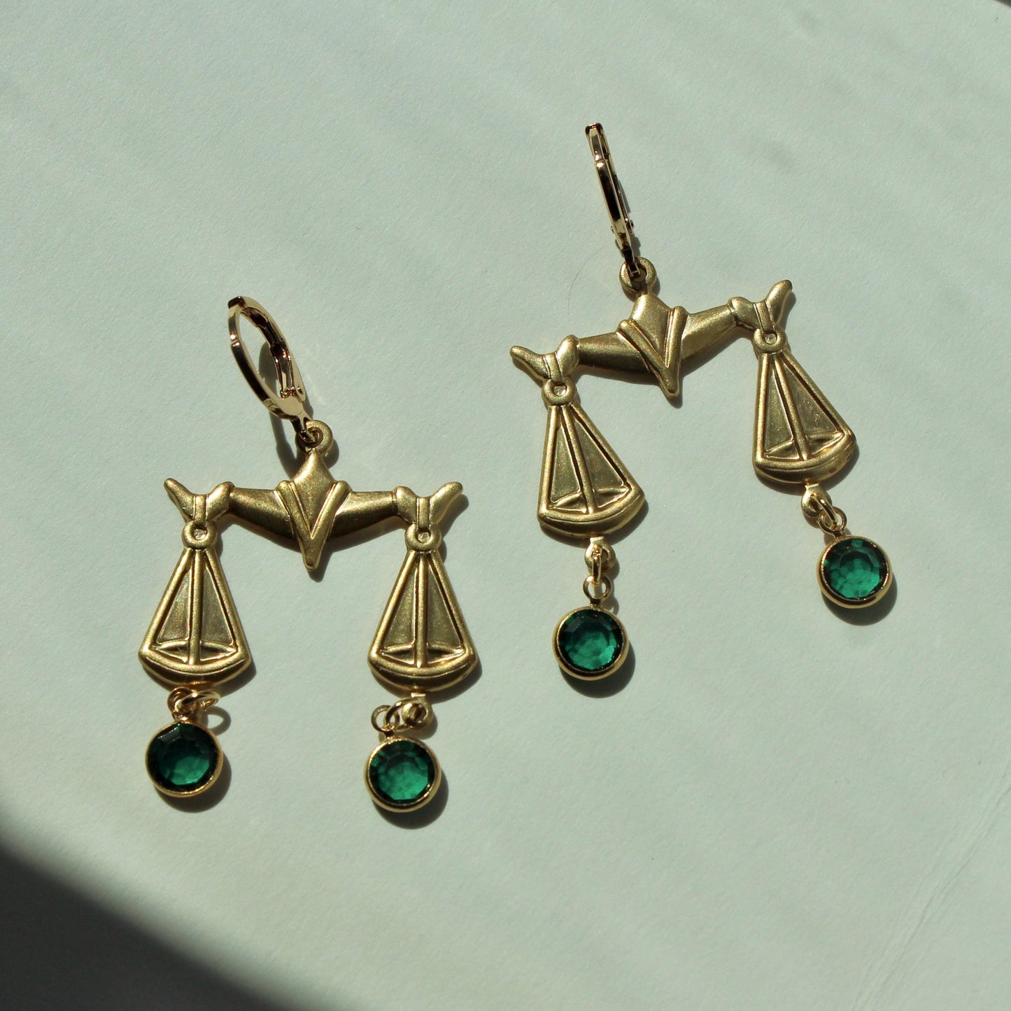 Vintage Scales Dangle Charm Earrings - Libra Earrings with Emerald Green Crystal Drops - Vintage Dangle Earrings