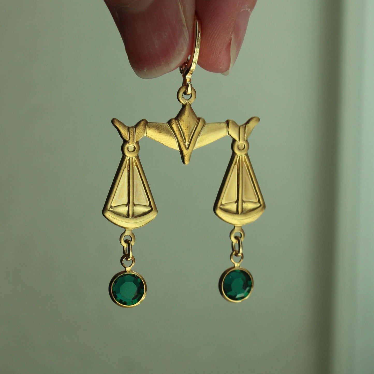 Vintage Scales Dangle Charm Earrings - Libra Earrings with Emerald Green Crystal Drops - Vintage Dangle Earrings