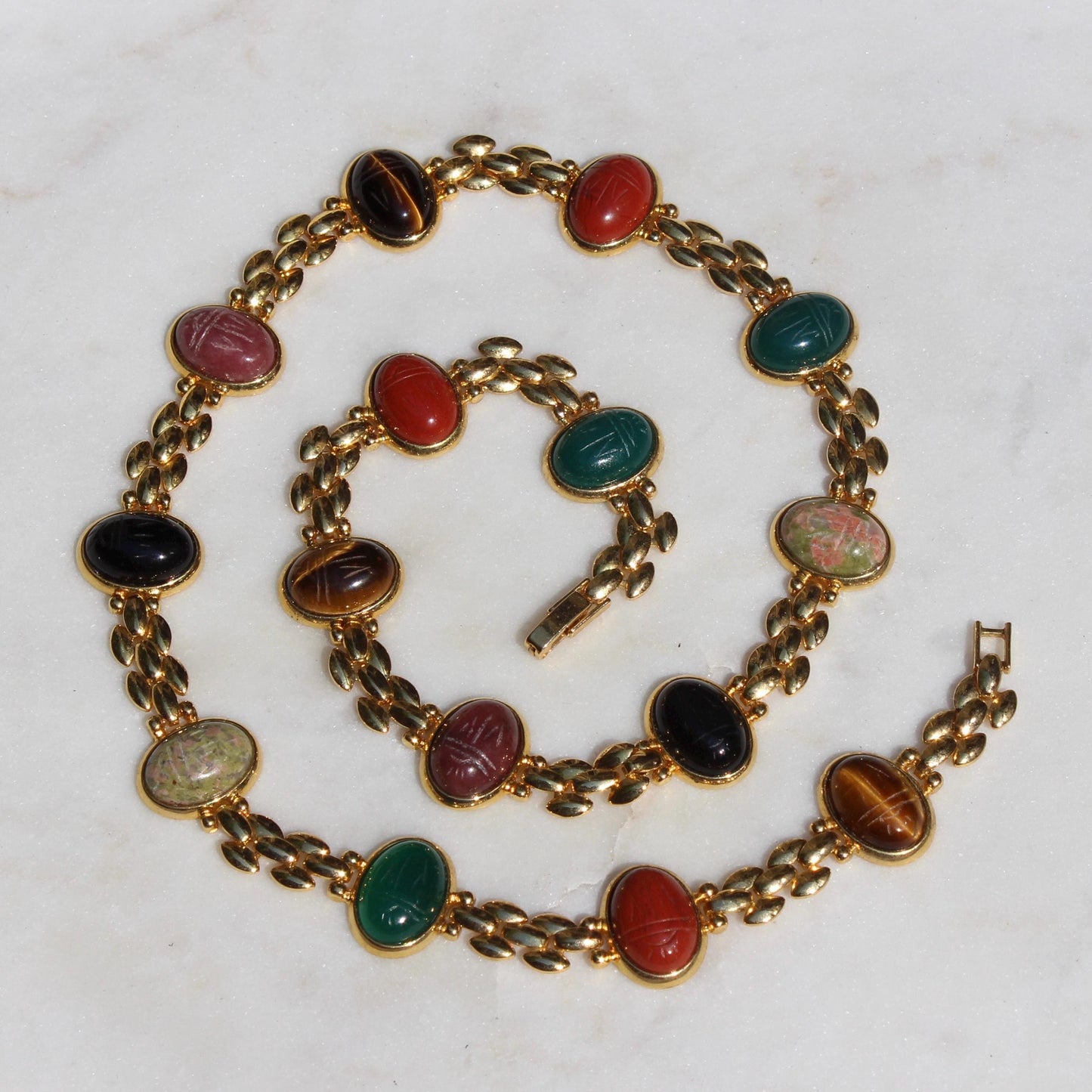Vintage Scarab Necklace - Scarab Necklace with Multicolor Cabochons - Vintage Gold Scarab Necklace