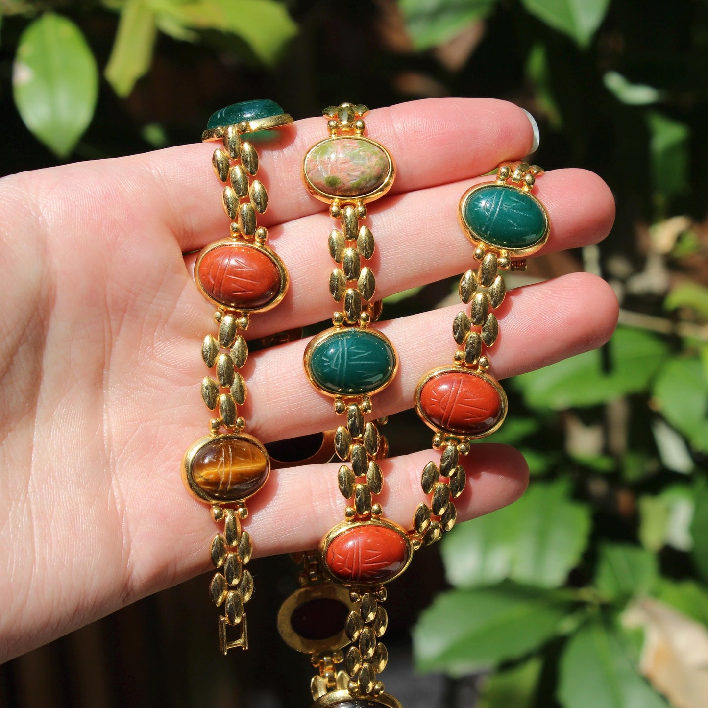 Vintage Scarab Necklace - Scarab Necklace with Multicolor Cabochons - Vintage Gold Scarab Necklace