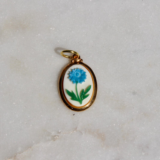 Vintage Blue and White Flower Charm - Vintage Oval Flower Charm - Vintage Floral Cabochon Charm