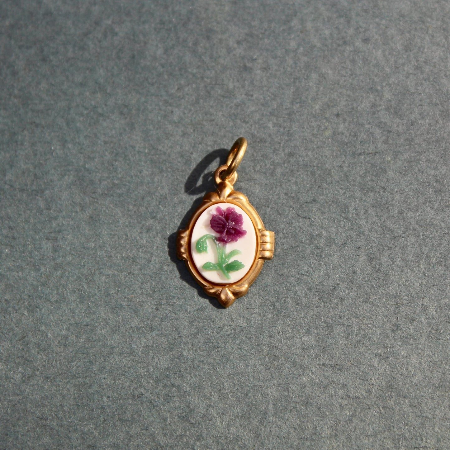 Vintage Purple Flower Brass Charm - Vintage Hand Painted Floral Charm - Vintage Pansy Charm