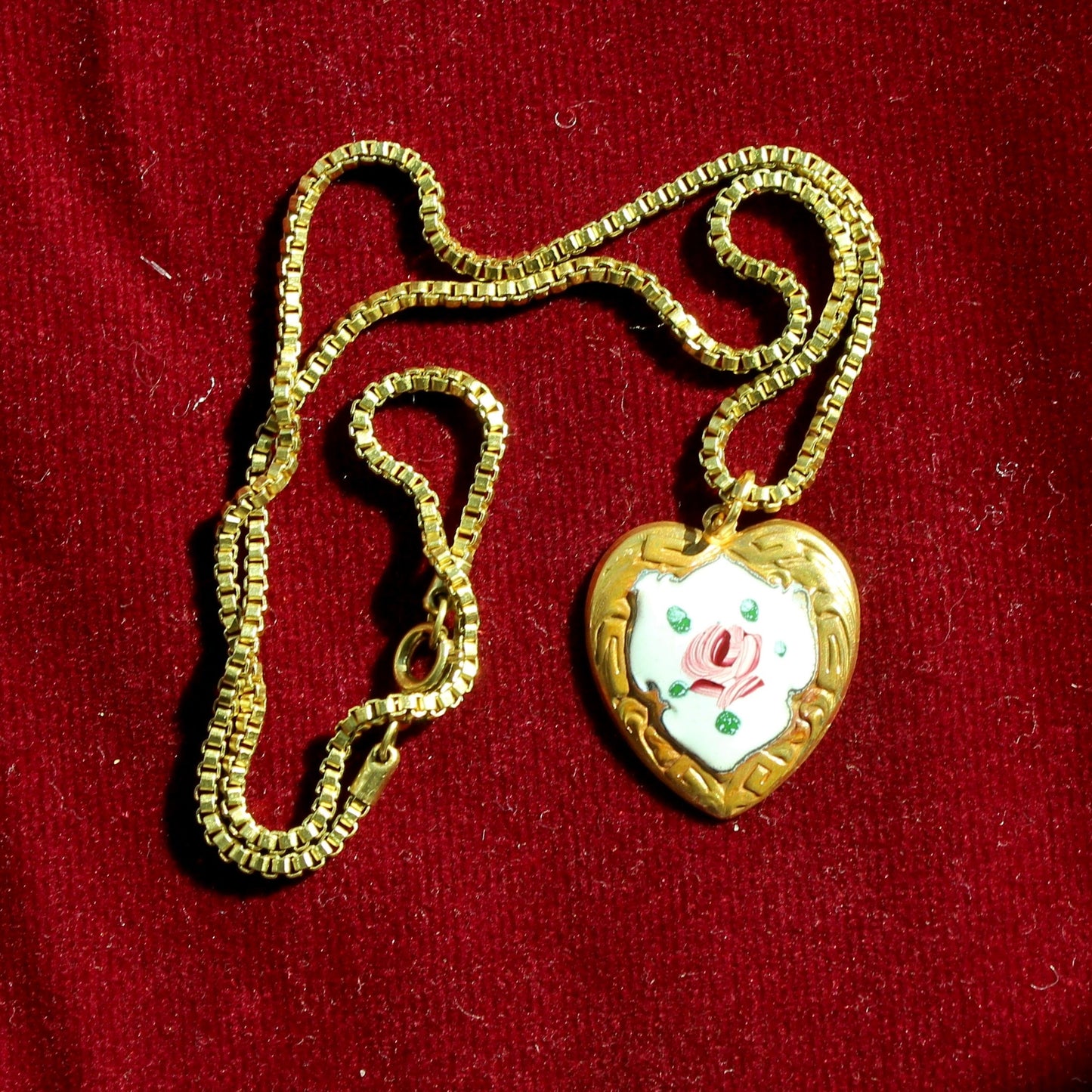 Vintage Enamel Heart Pendant Necklace - Handmade Vintage Heart Necklace with Enamel Hand Painted Rose Detailing - Raw Brass Box Chain