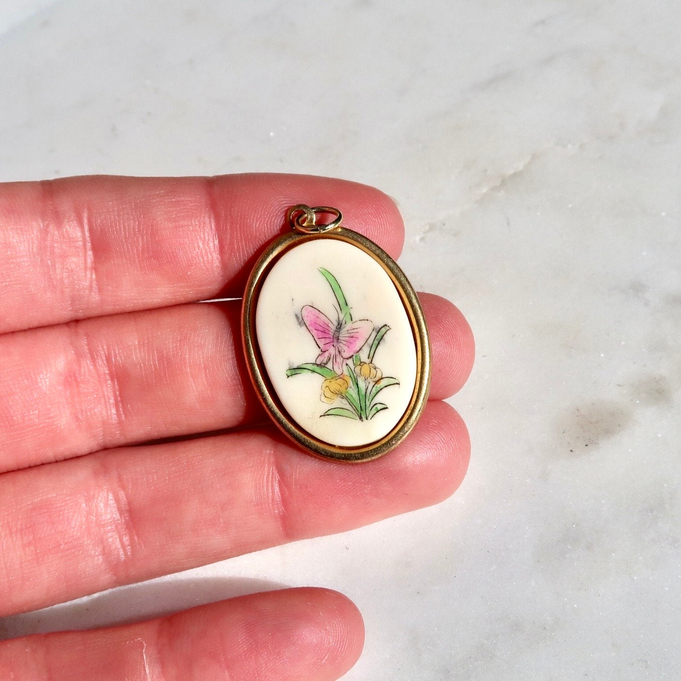 Vintage Painted Bone Butterfly Charm - 1960s Vintage Hand Painted Charm - Vintage Butterfly Charm