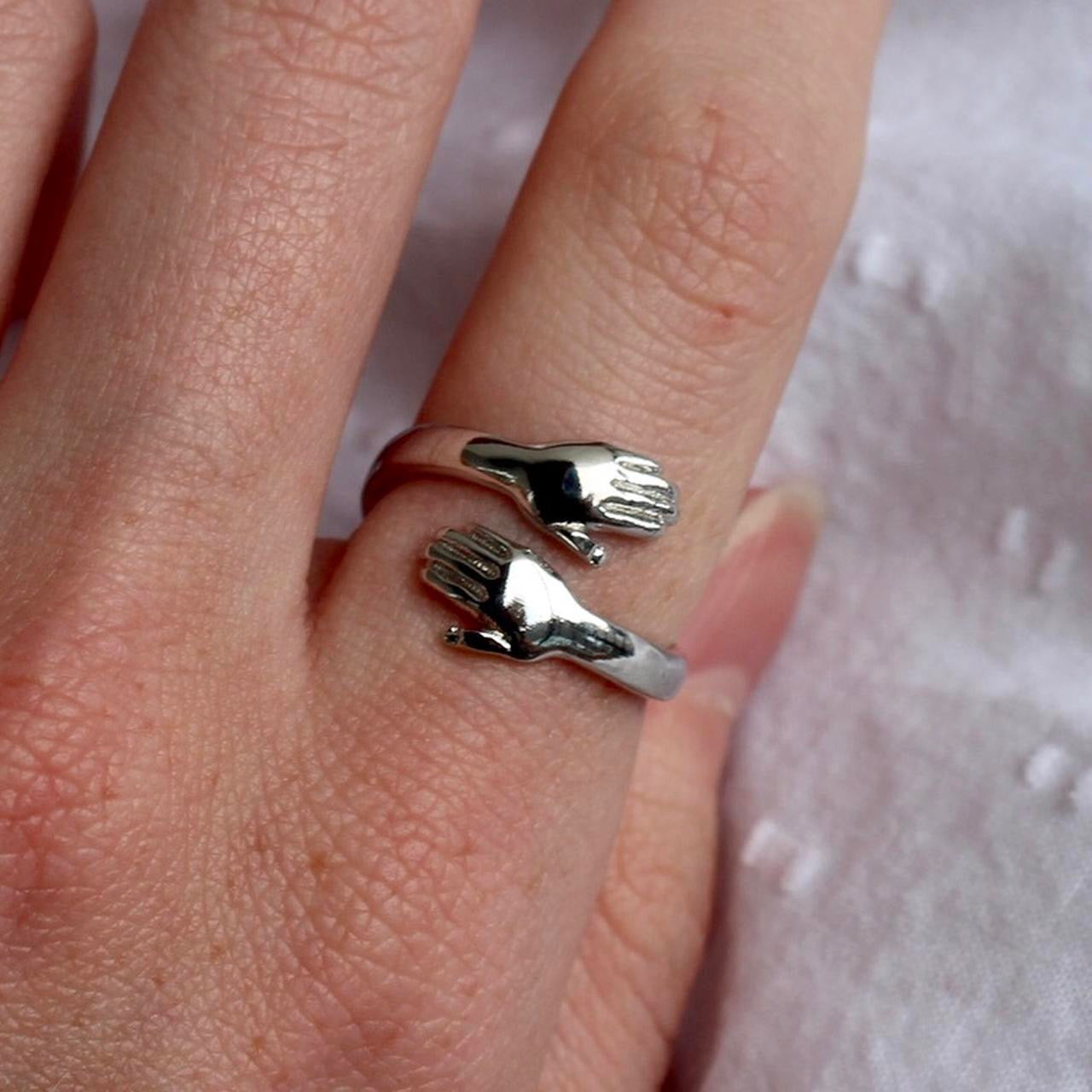 Silver Embracing Hands Ring