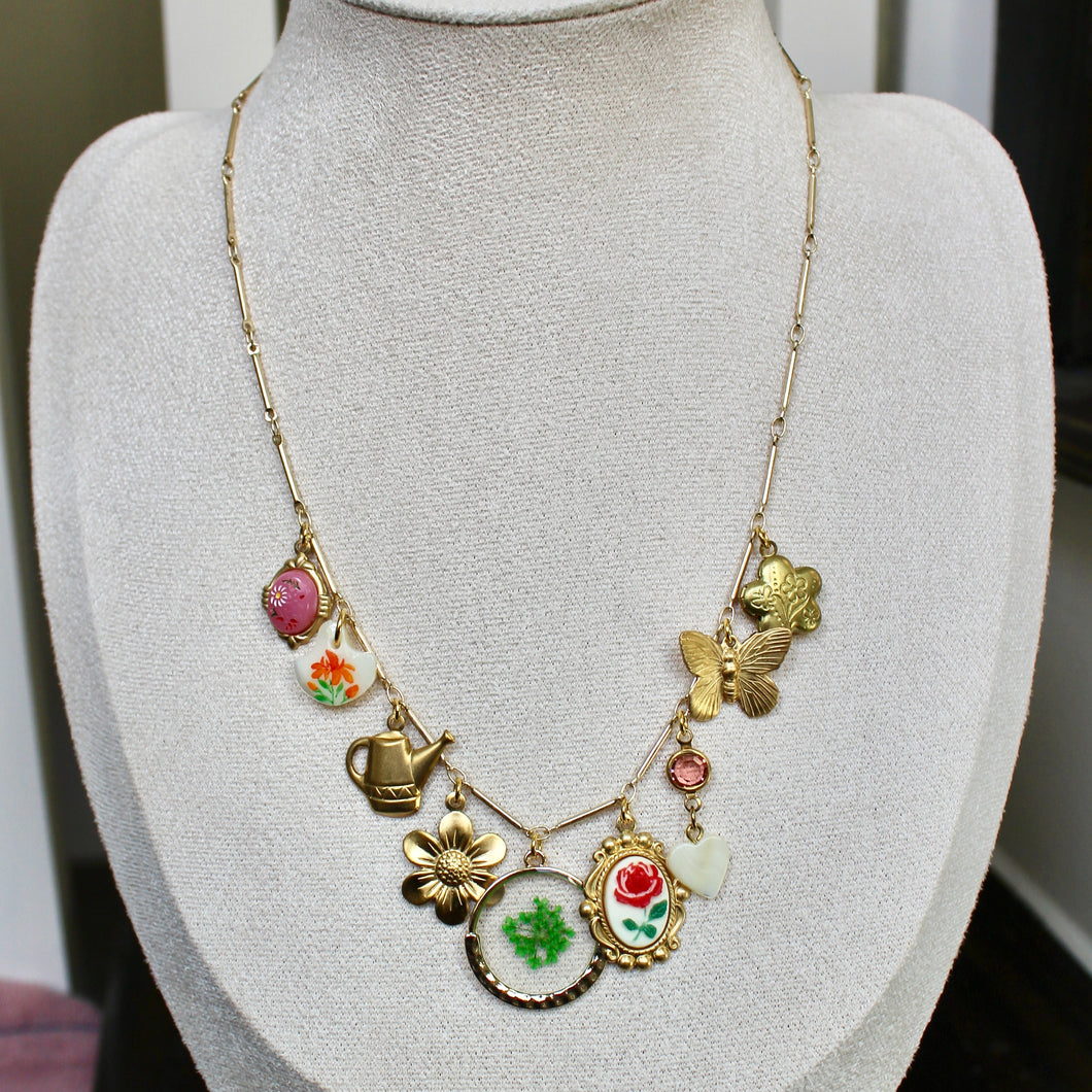 Vintage Floral Garden Themed Charm Necklace