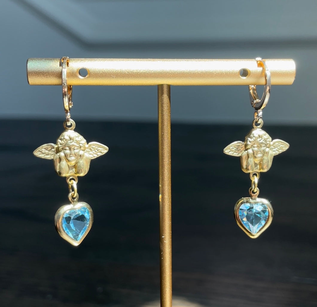 Vintage Angel and Blue Heart Drop Earrings