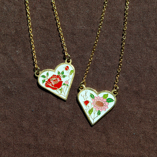 Vintage Enamel Floral Heart Pendant Necklace