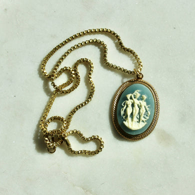Vintage 60s Dancing Ladies Pendant Necklace - Vintage Cameo Necklace - Brass Box Chain and Cameo Necklace