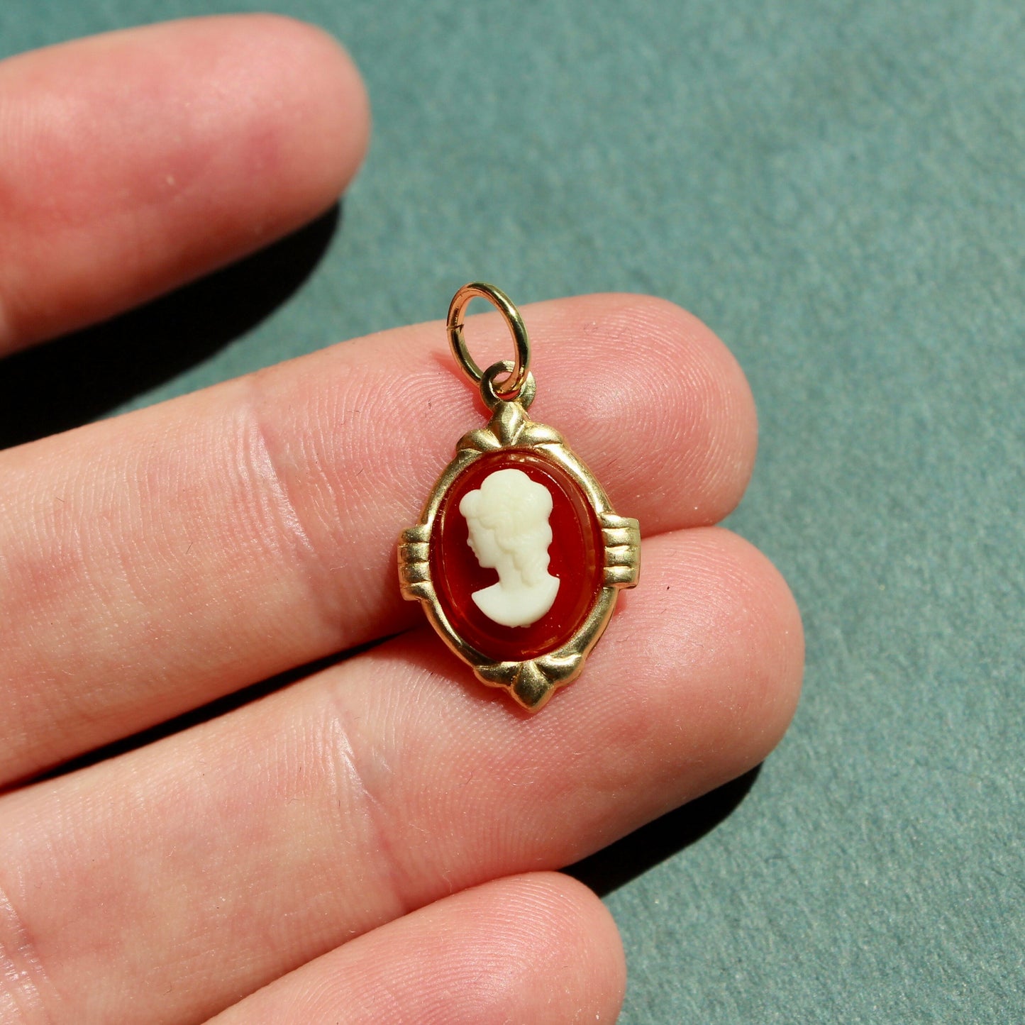 Vintage Red Cameo Charm - Vintage Brass Cameo Charm with Jumpring