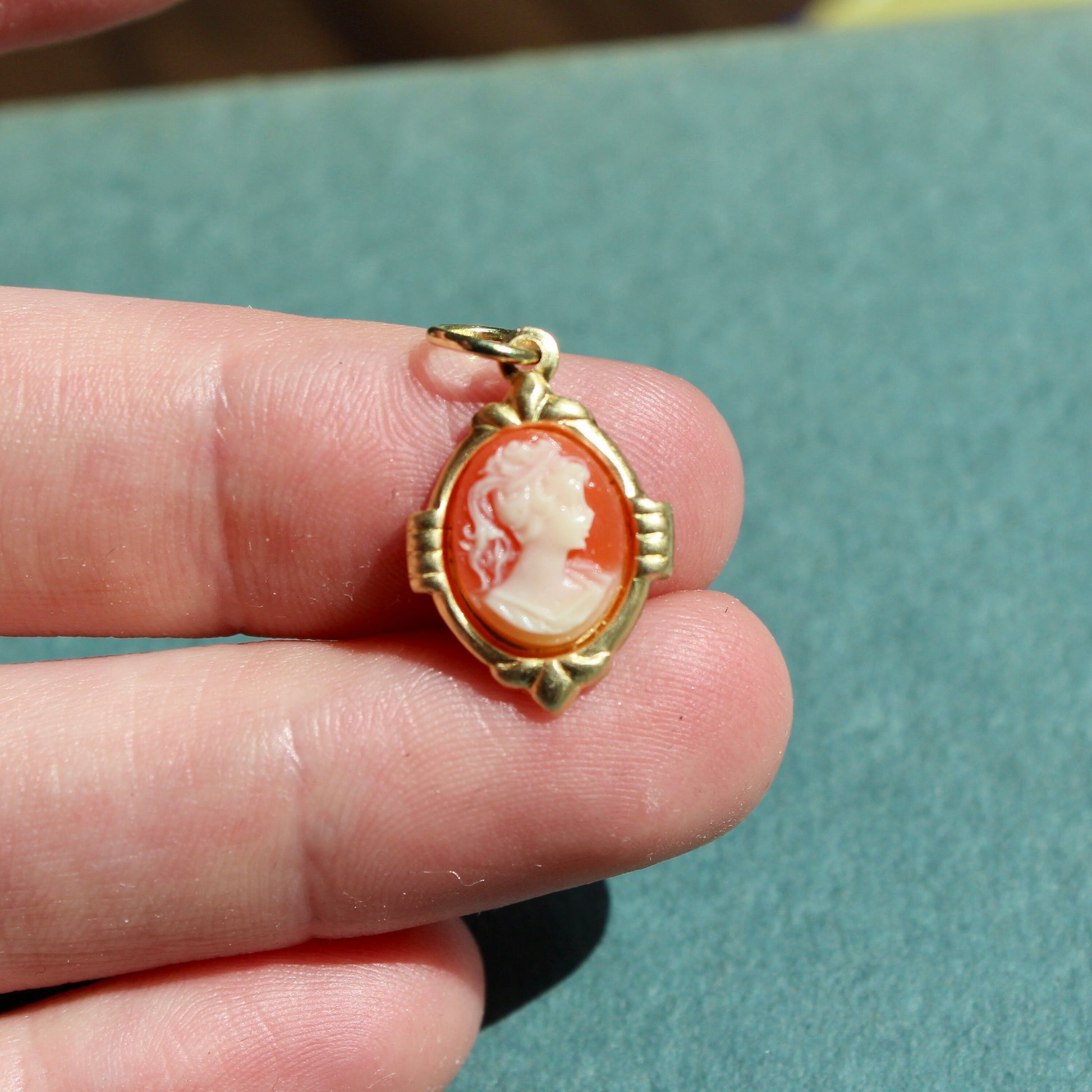 Vintage Orange Cameo Charm - Vintage Brass Cameo Charm with Jumpring