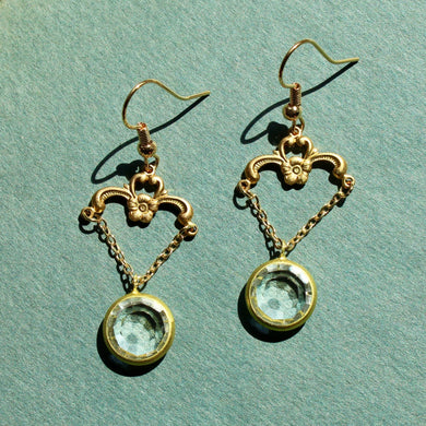 Vintage Dangle Charm Earrings - Dangle Earrings Chain and Clear Crystal Drop - Vintage Brass Dangle Earrings