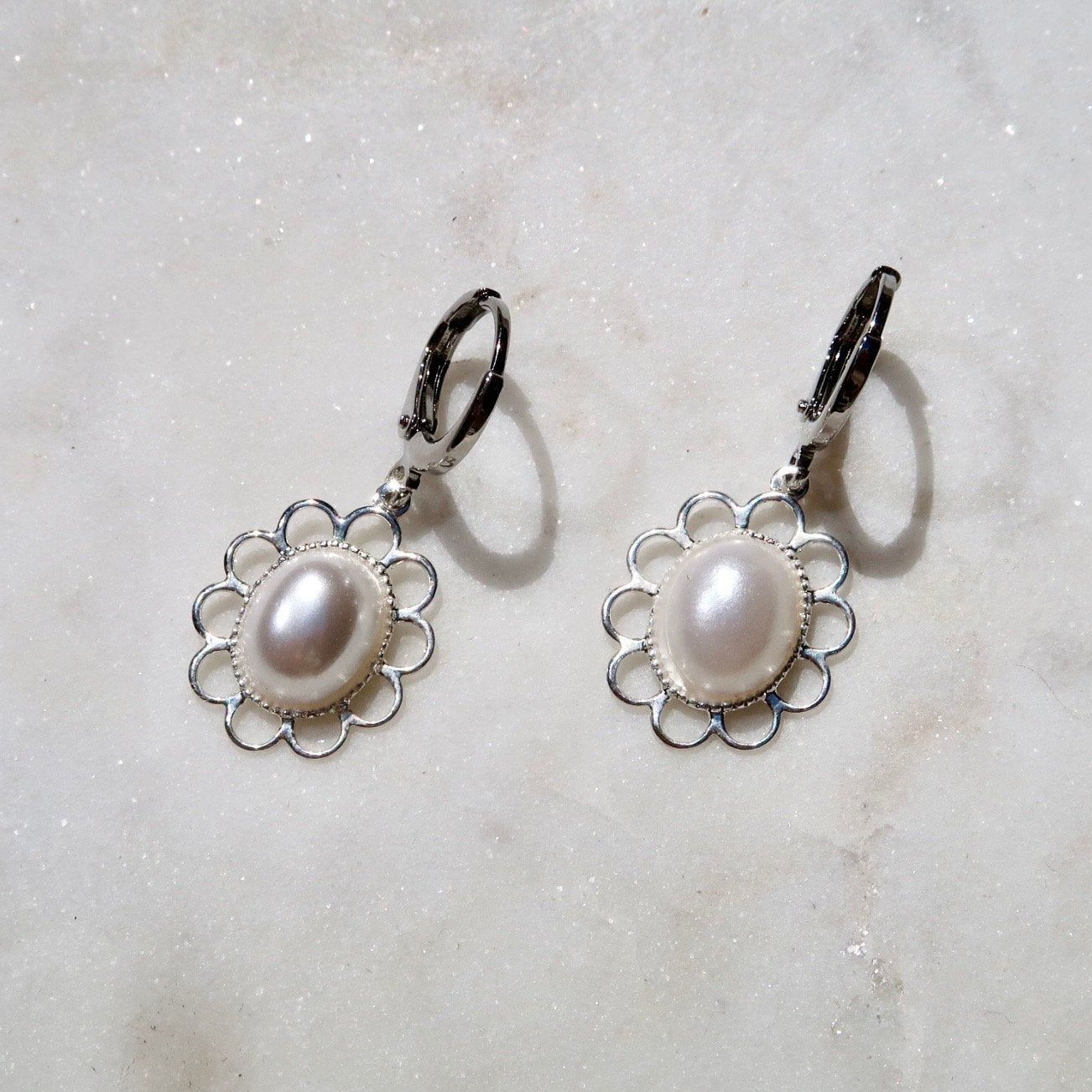 Silver and Pearl Flower Dangle Charm Earrings - Silver Earrings with Pearl Accent