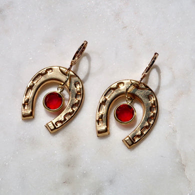 Vintage Horseshoe Charm Dangle Earrings - Handmade Vintage Charm Earrings with Horseshoe and Red Austrian Crystal
