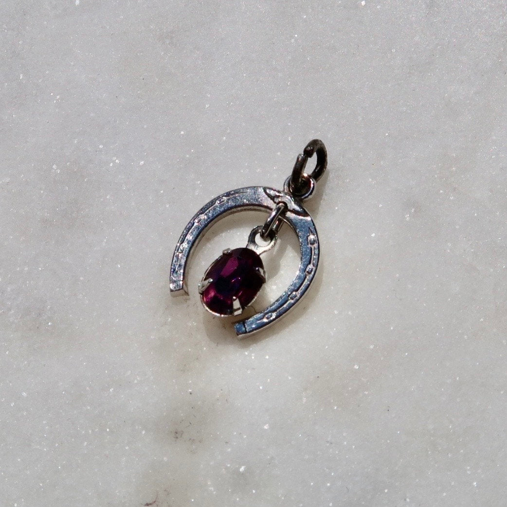 Vintage Sterling Silver Horseshoe Charm with Purple Gem - Wells Sterling Silver Horseshoe Charm