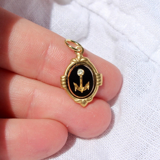 Vintage Carved Glass Charm with Anchor - 1970s German Carved Glass Charm - Vintage Brass Charm with Jumpring