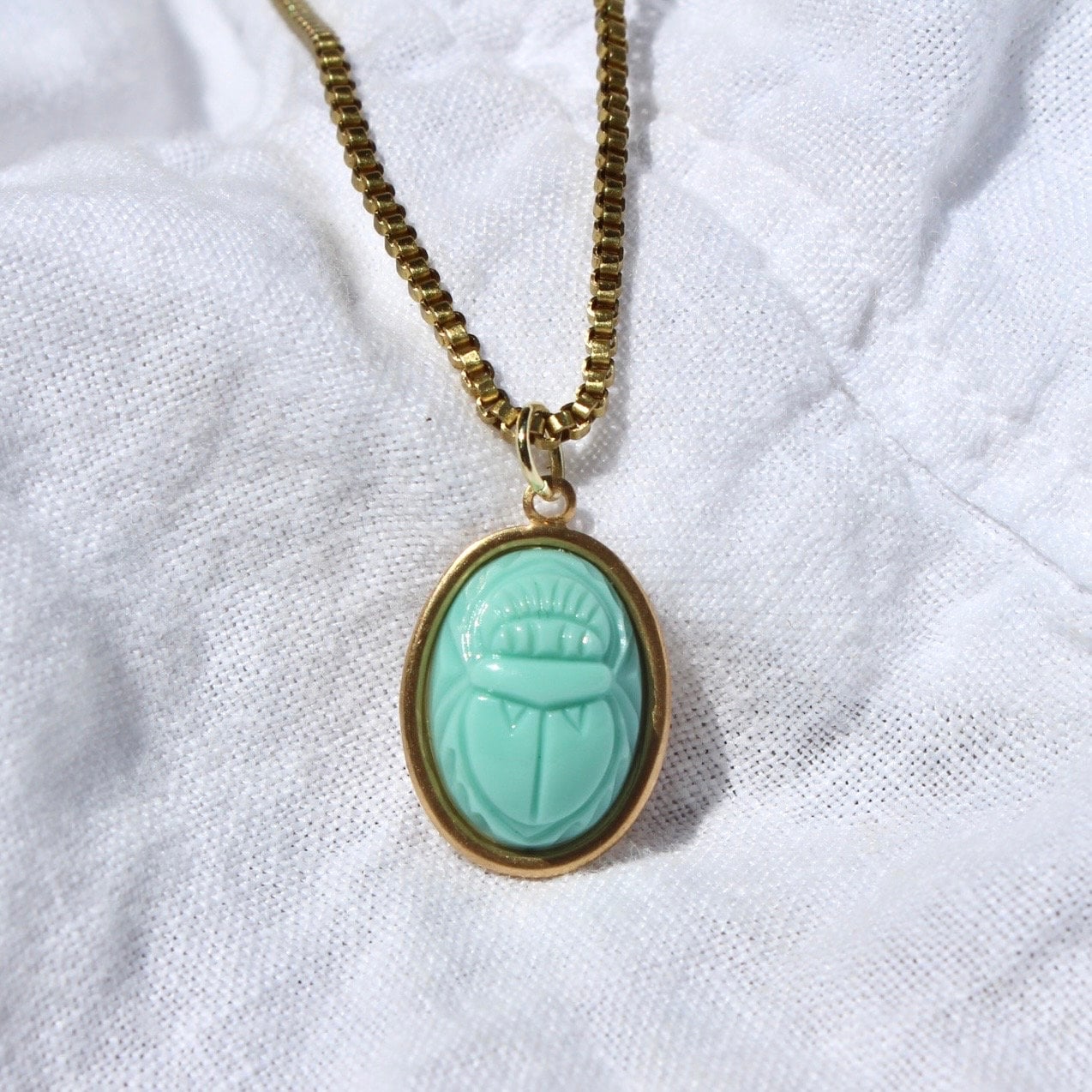 Vintage Teal Scarab Pendant Necklace - Handmade Vintage Scarab and Brass Box Chain Necklace