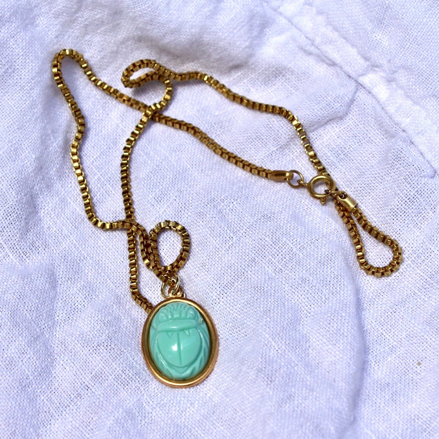 Vintage Teal Scarab Pendant Necklace - Handmade Vintage Scarab and Brass Box Chain Necklace