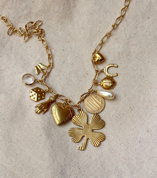 Vintage Lucky Charm Necklace - Statement Necklace with Vintage Brass and Gold Plated Charms - Horseshoe, Dice, Clover, and Locket Charms