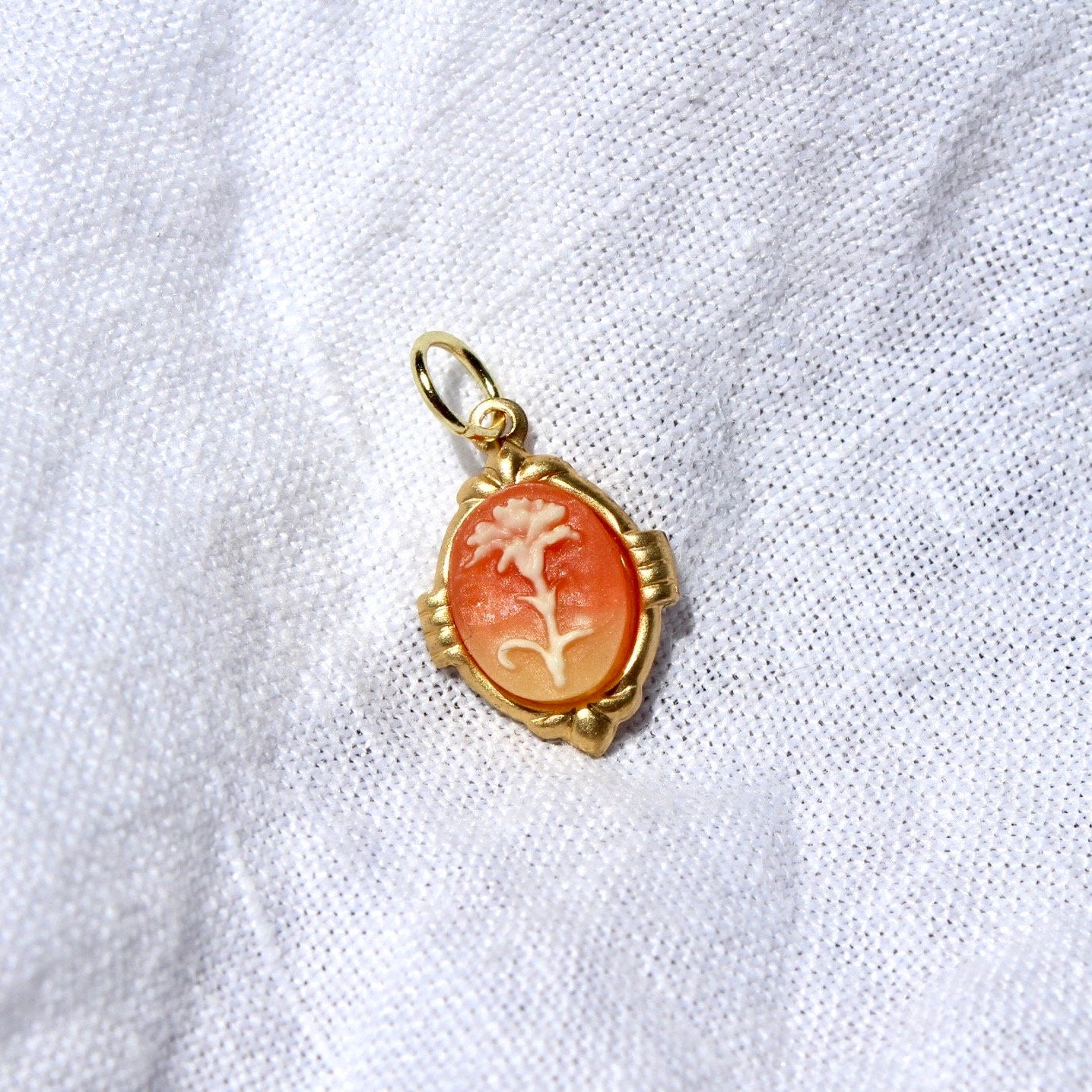 Vintage Orange Floral Charm - Vintage Brass Floral Cabochon Stone Charm with Jumpring