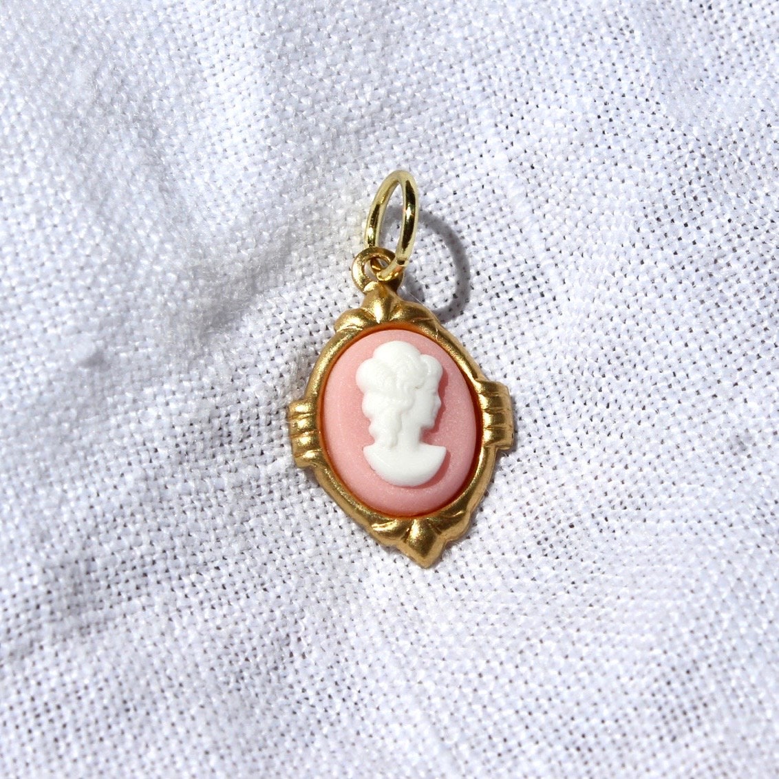 Vintage Pink Cameo Charm - Vintage Brass Cameo Charm with Jumpring