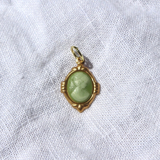 Vintage Green Cameo Charm - Vintage Brass Cameo Charm with Jumpring