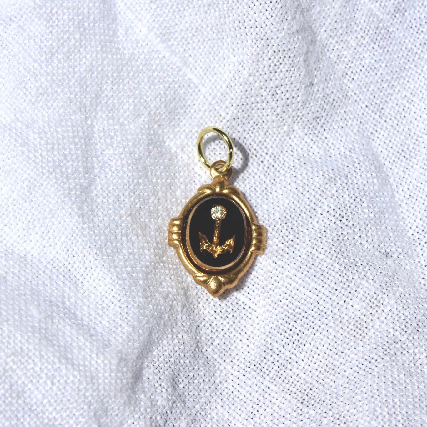 Vintage Carved Glass Charm with Anchor - 1970s German Carved Glass Charm - Vintage Brass Charm with Jumpring