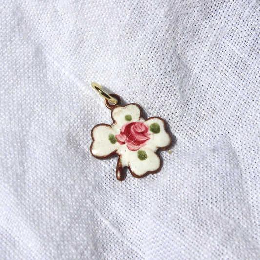 Vintage Hand Painted Enamel Clover Charm - Vintage Enamel Charm - Vintage Floral Enamel Guilloche Charm