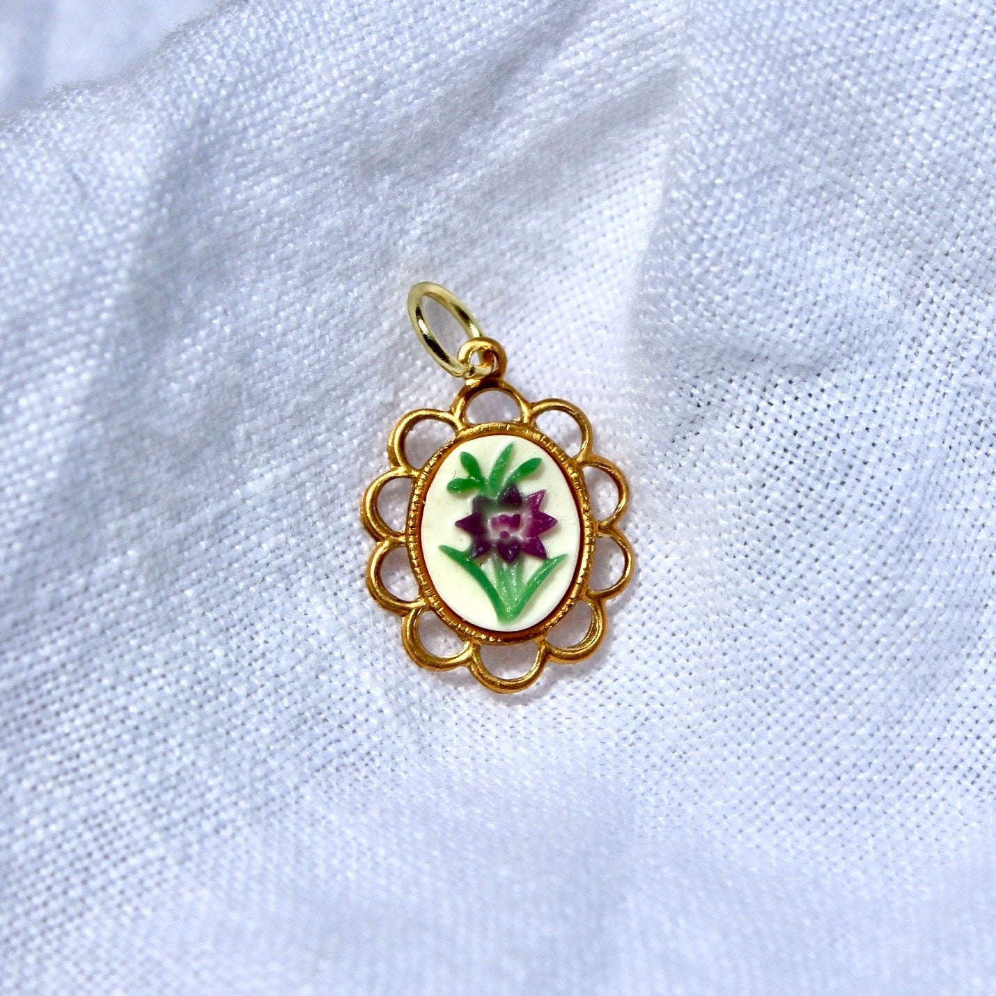 Vintage Purple Floral Cameo Cabochon Charm - Vintage Brass Charm with Purple Floral Cab - Hand Painted Vintage Charm