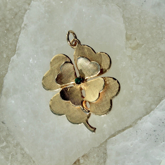 Vintage Clover Charm with Green Rhinestone - Vintage Gold Clover Charm