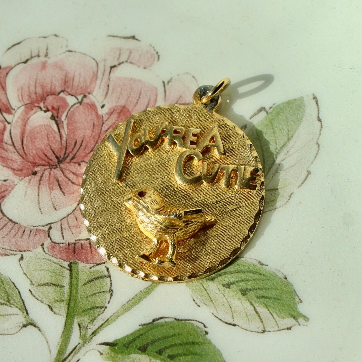 Vintage "You're A Cutie" Round Charm - Gold Tone Bird Charm - Vintage Round Pendant Charm