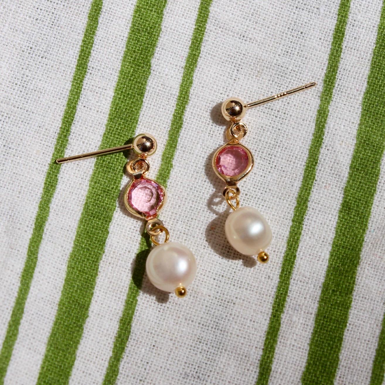 Pearl and Pink Crystal Drop Stud Earrings - Pink Crystal Earrings with Pearl Drop - Gold Plated Pearl and Crystal Earrings