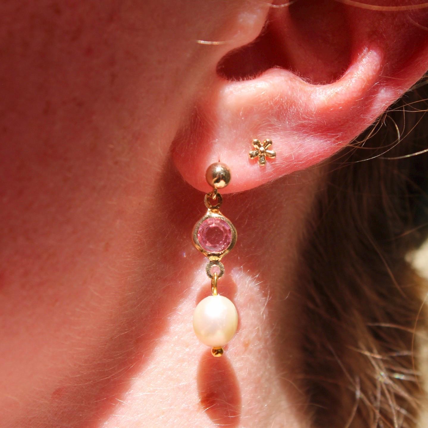 Pearl and Pink Crystal Drop Stud Earrings - Pink Crystal Earrings with Pearl Drop - Gold Plated Pearl and Crystal Earrings