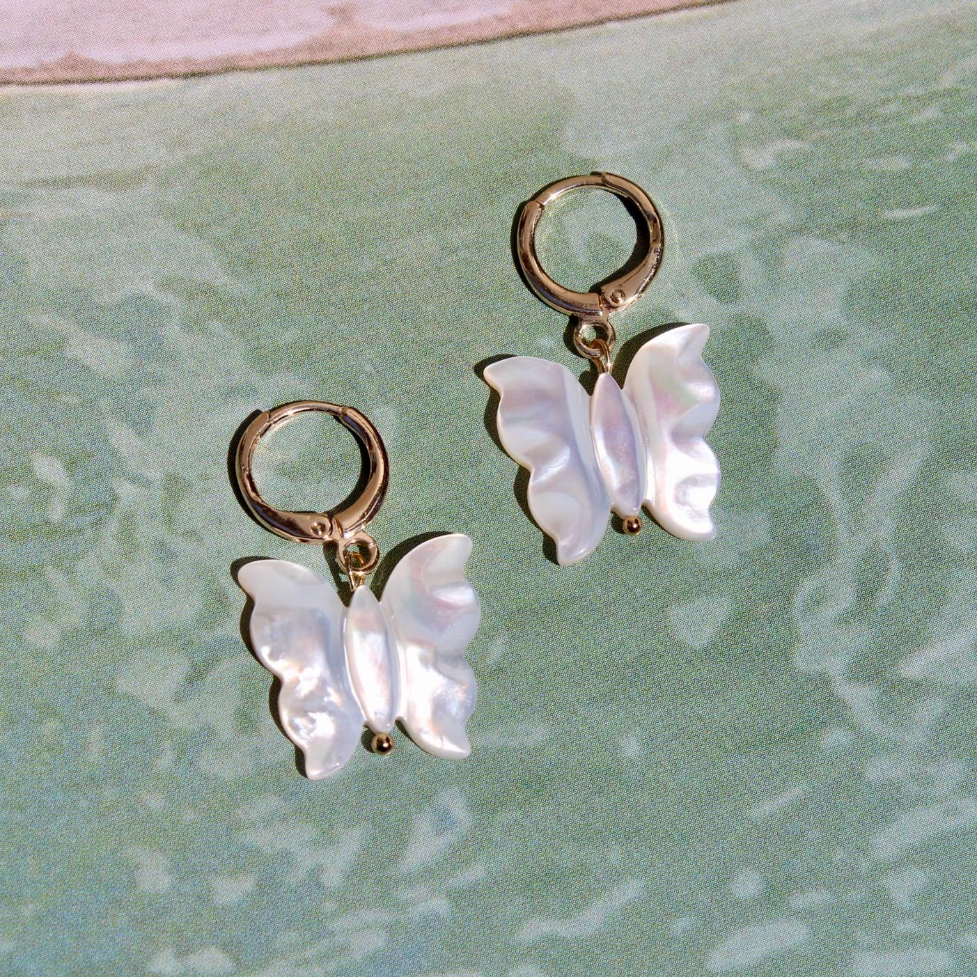 Mother of Pearl Butterfly Earrings - White Butterfly Earrings - Beachy Butterfly Gold Hoop Earrings