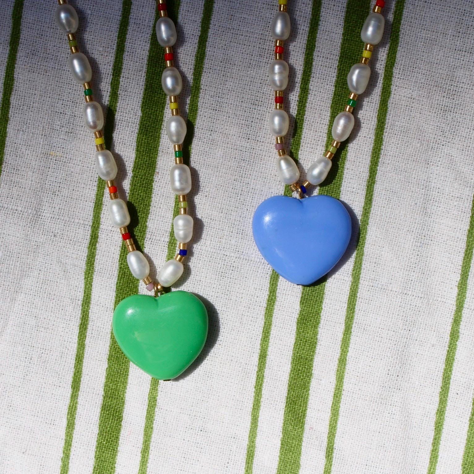 Vintage Colorful Heart Necklace - Seed Bead and Pearl Necklace - Vintage Summer Necklace