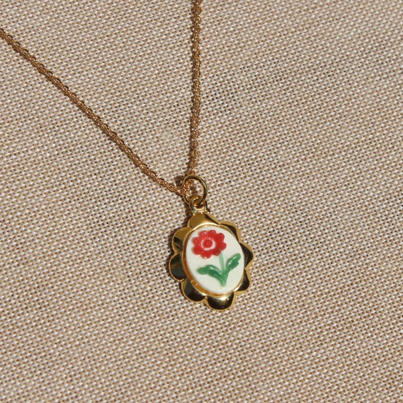 Vintage Floral Cabochon Necklace - Vintage Flower Pendant Necklace - Red Flower Charm on Gold Chain