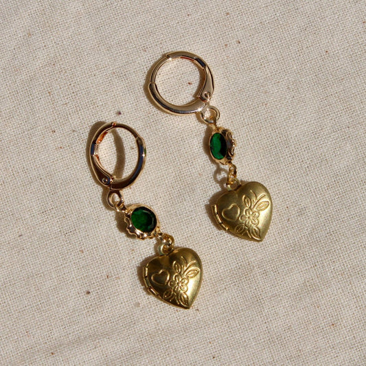 Vintage Locket and Green Crystal Charm Drop Earrings - Handmade Vintage Charm Earrings