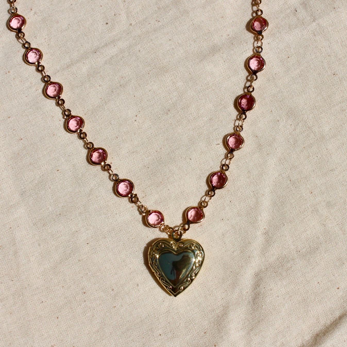 Gold Plated Heart Locket Necklace with Pink Crystal Chain - Gold Heart Locket Pendant Necklace