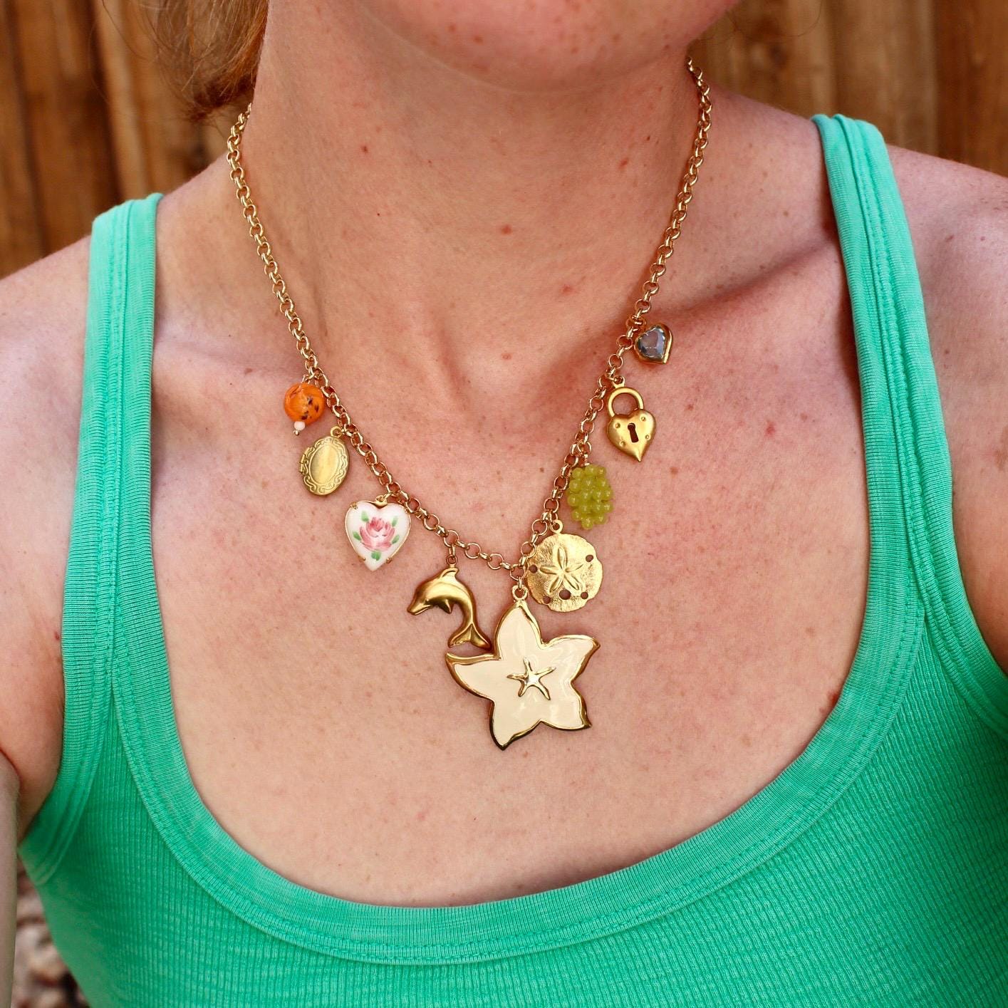 Vintage Summer Themed Charm Necklace - Statement Necklace with Vintage Starfish, Heart, Crystal, and Hand Painted Charms