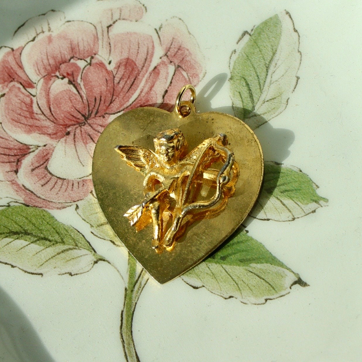 Vintage Gold Heart Charm with Cupid - 1970s Heart Charm with Cupid