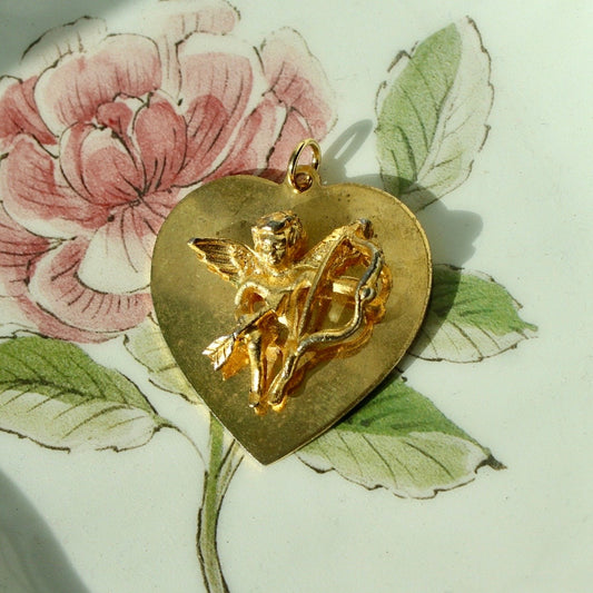 Vintage Gold Heart Charm with Cupid - 1970s Heart Charm with Cupid