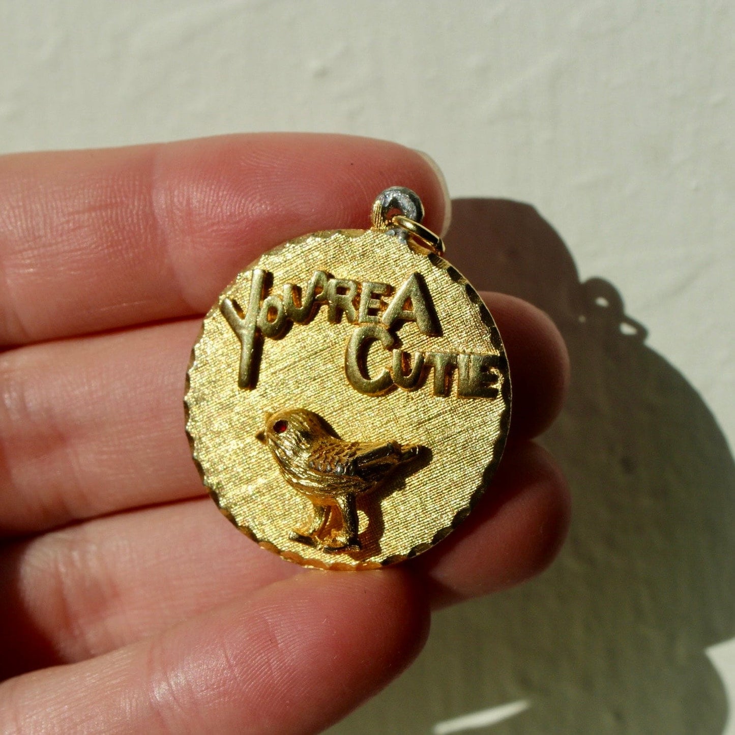 Vintage "You're A Cutie" Round Charm - Gold Tone Bird Charm - Vintage Round Pendant Charm